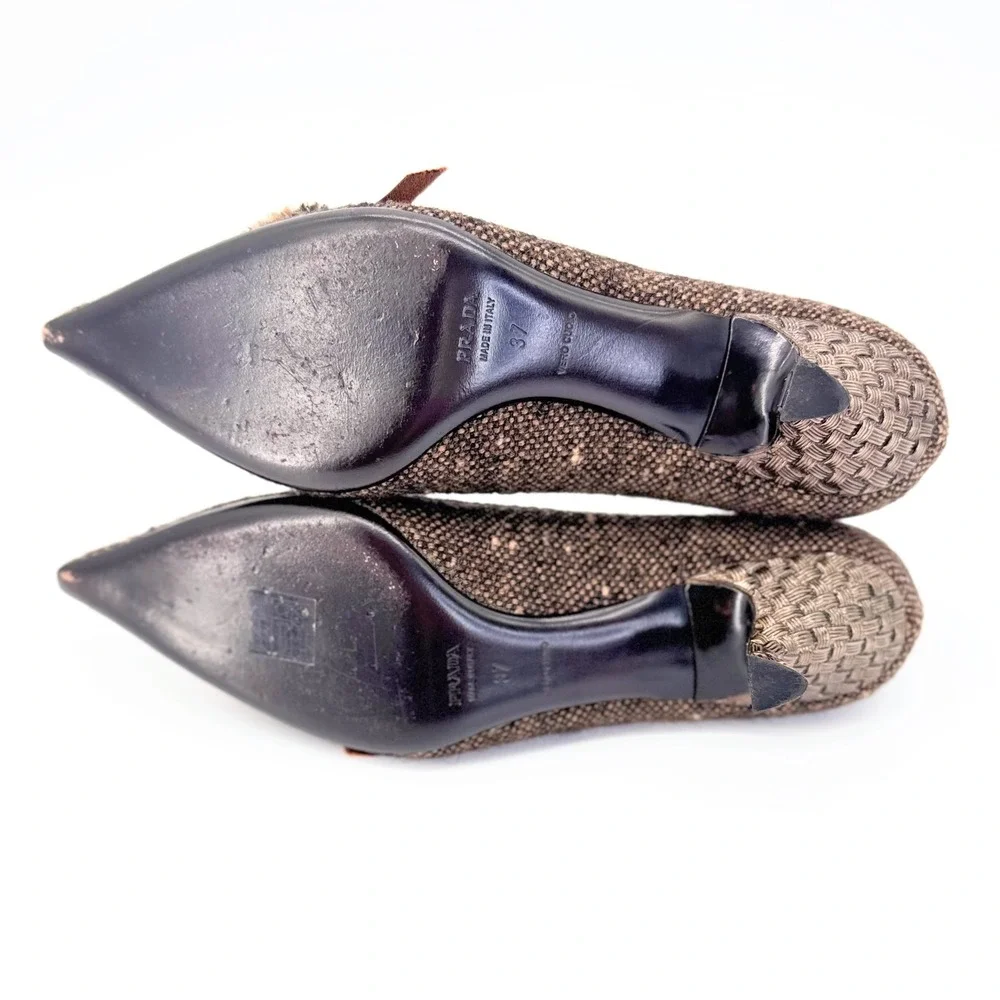 Prada Brown Wool Tweed Kitten Heel Pumps IT 37 US 7 Crystal Bow Pointed Toe - Picture 8 of 12